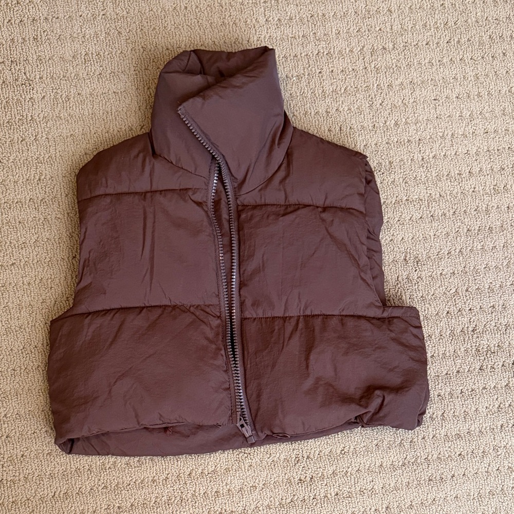Brown Crop Puffer Vest with Stand Collar